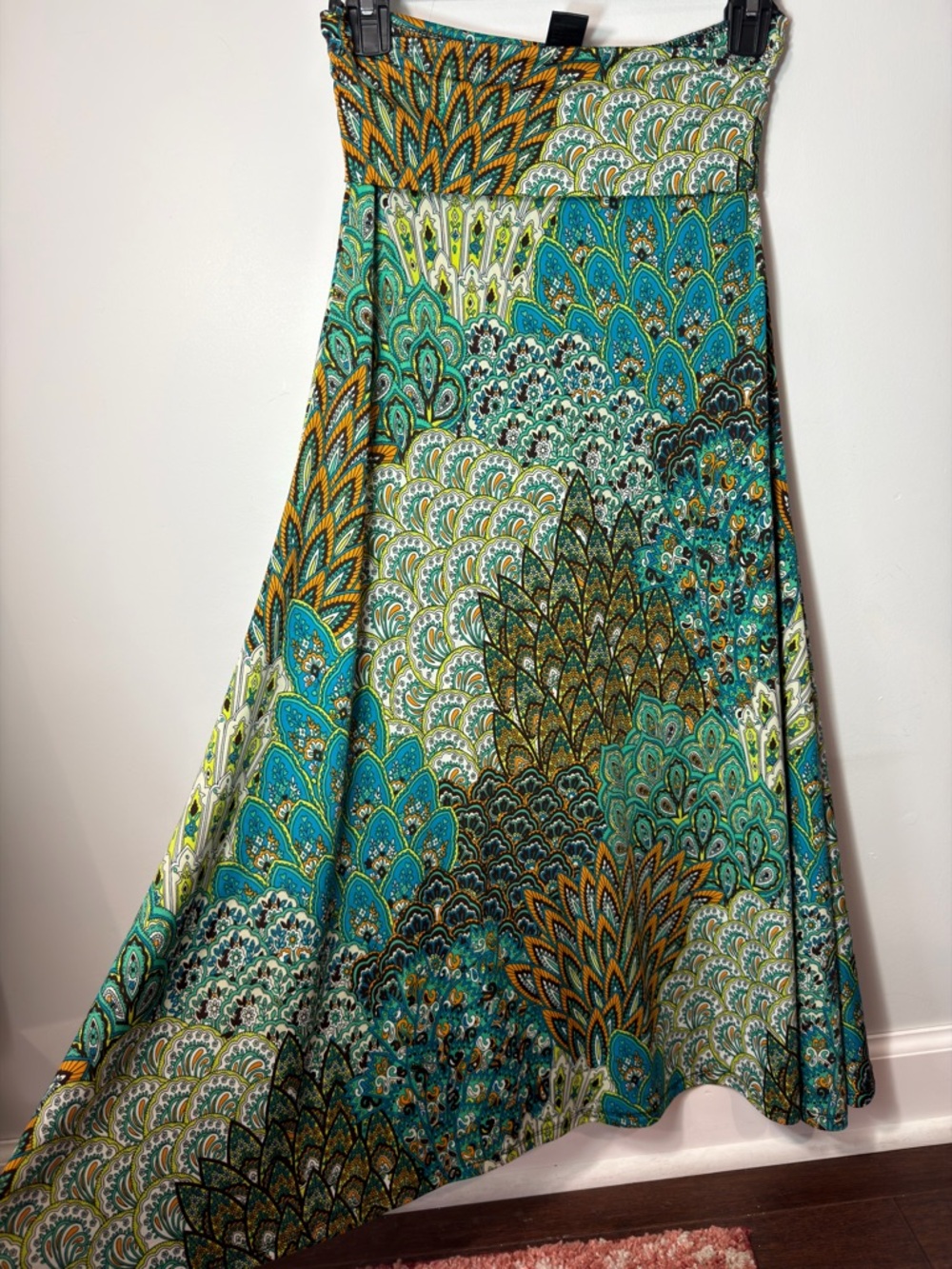 MT Collection Boho Printed Midi Skirt Teal Green Orange Flowy Women